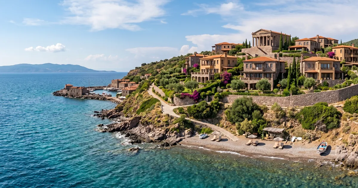 Houses for sale in Assos — stone houses on a hillside on the North Aegean coast